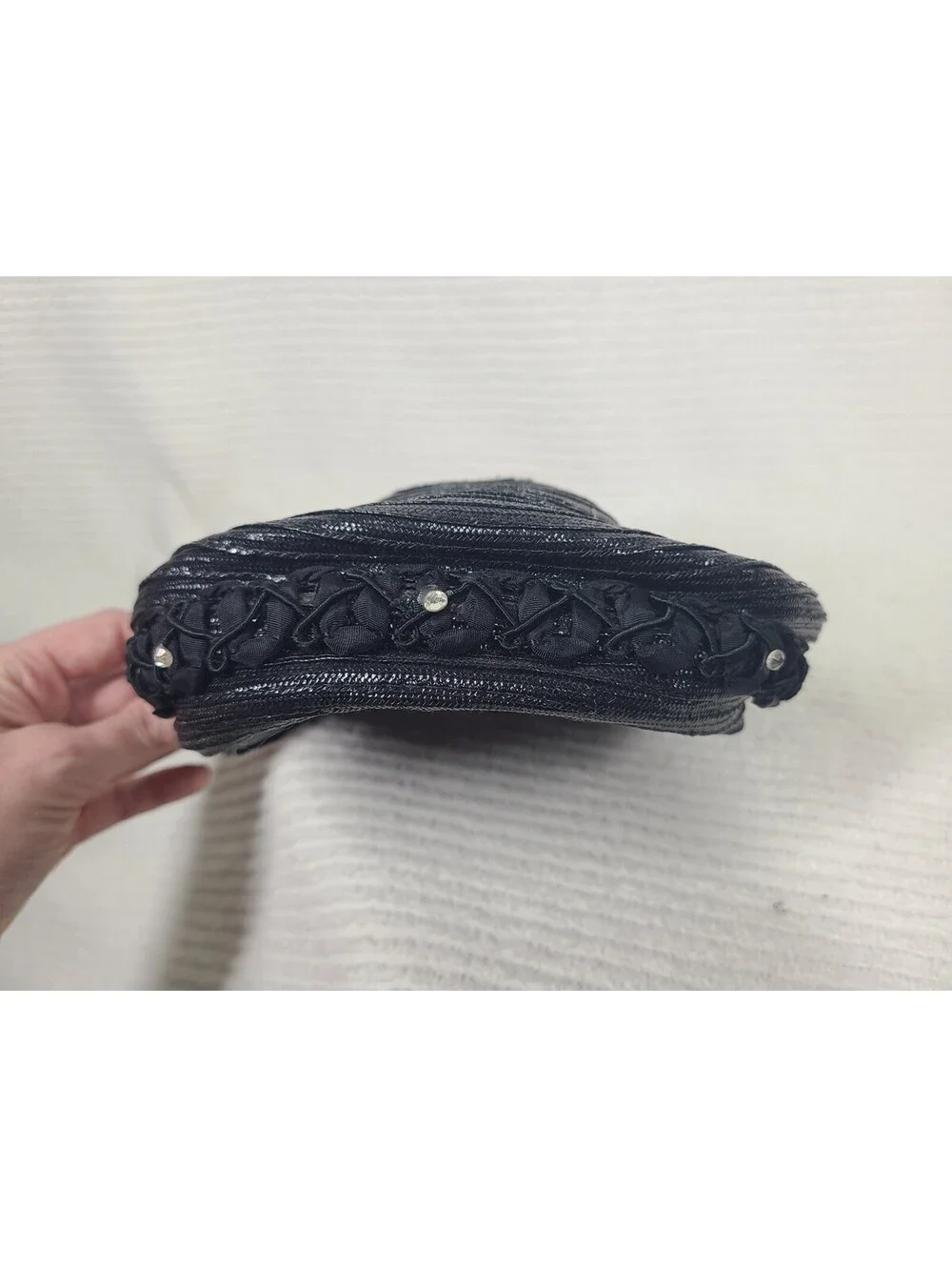 Vintage 1960s Navy Hat Woven Glossy Straw Demure Classic Hepburn Rhinestones